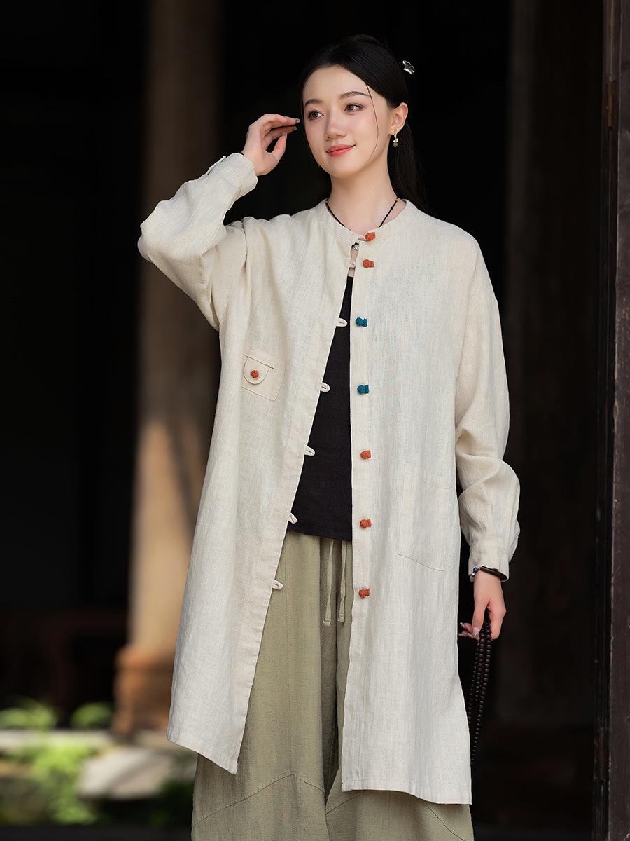 

Women s Retro Stand-Up Collar Color Block Frog Button Cardigan - Sandwashed Cotton Linen One Size