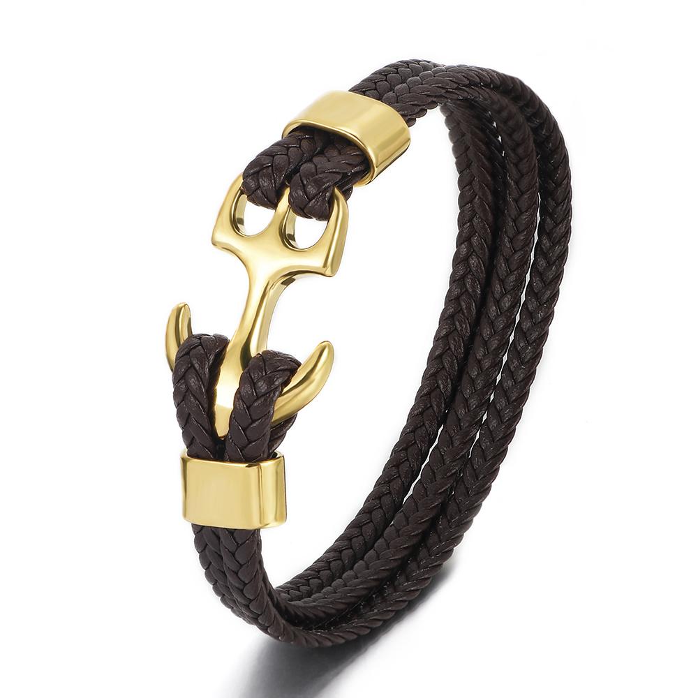 Handmade 18K Gold Plated 316L Stainless Steel Leather Animal Shape Punk Anchor Cuff Bracelet Braided for Men