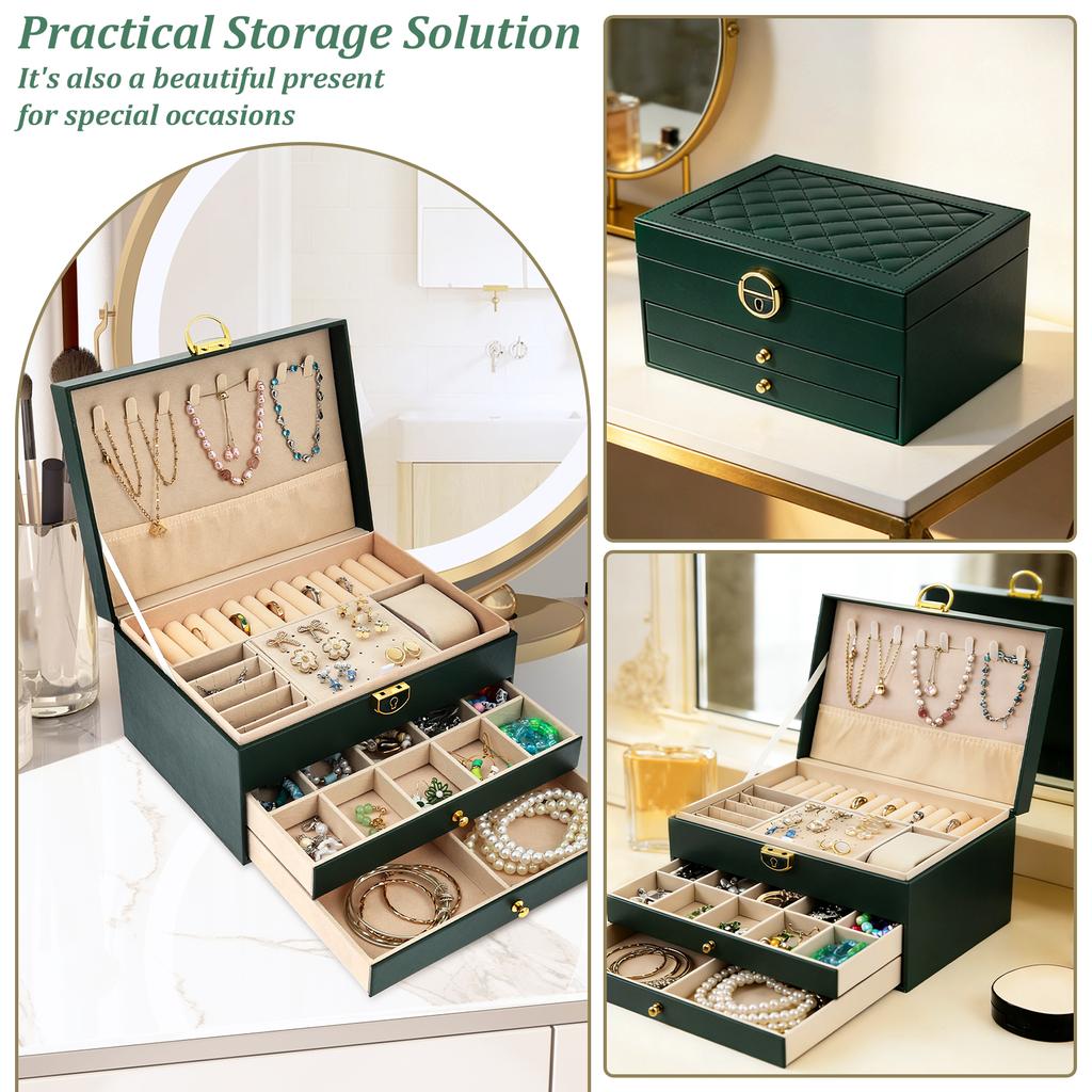 3 Layer Jewelry Box PU Leather Jewelry Organizer Storage Box with Key Tabletop Display Case for Women Earring Necklace Bracelet