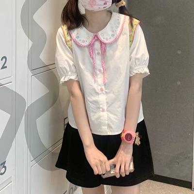 Peter Pan Kragen Stickerei Weißes Hemd Bluse Damen Süßes Süßes Top Kawaii Mädchen Preppy Style Shirt