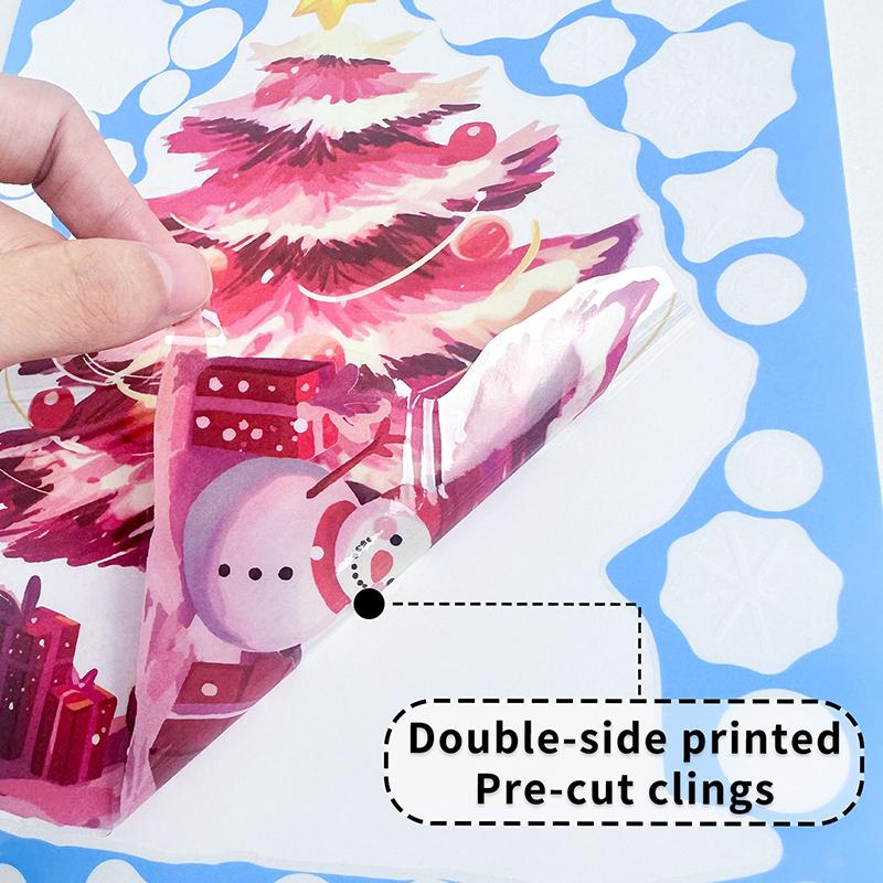 Colorful Christmas Tree Window Stickers with Snowmen And Snowflakes Static Cling Holiday Decals for Decorations
