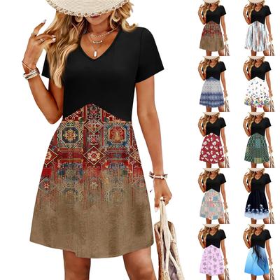 Women's Fashionable Print V-neck Short Sleeved Loose Casual Beach Vacation Dress