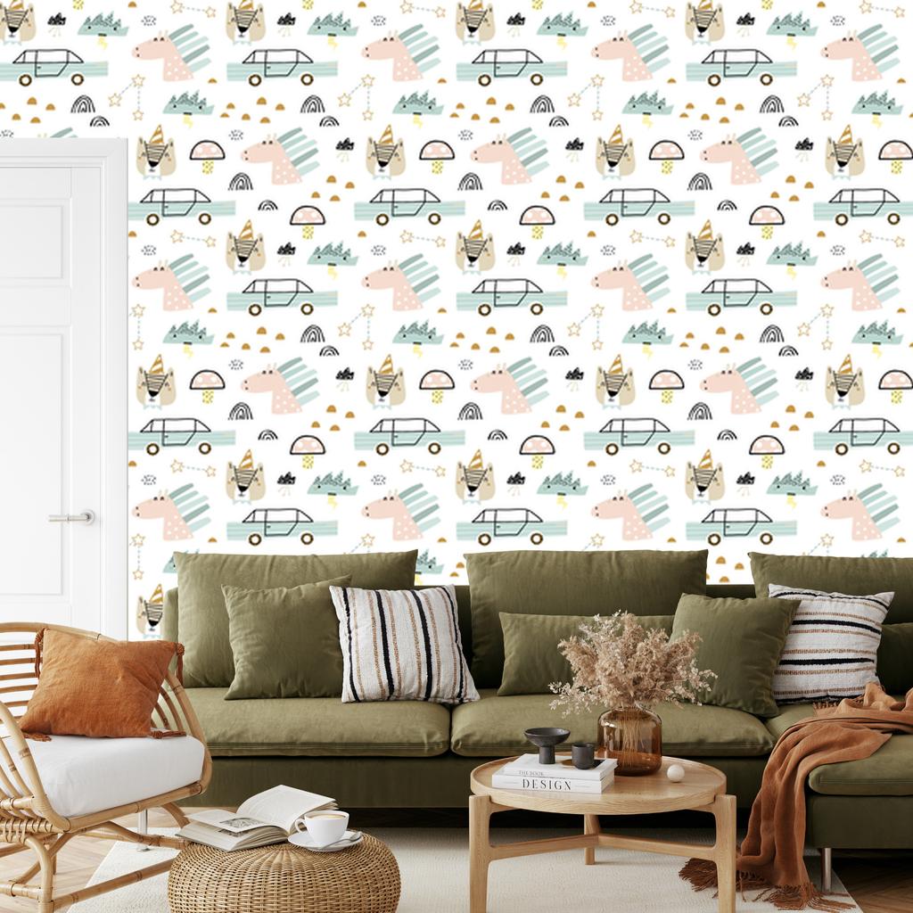 Cars, animals and stars wallpaper for living room and bedroom 50x1000