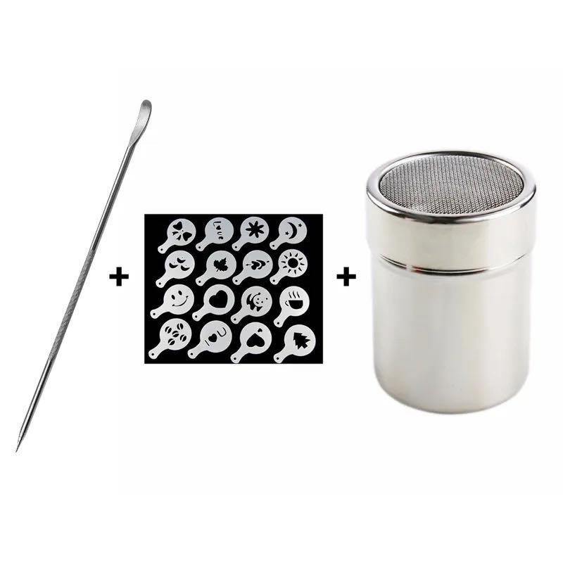 Stainless Steel Chocolate Shaker Cocoa Flour Coffee Sifter 16Pcs Coffee Stencils Template Strew Pad Duster Spray Tools