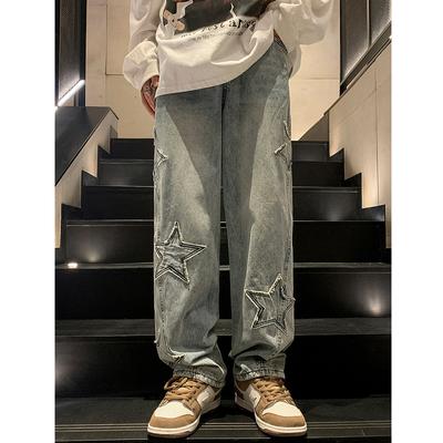 Star Ästhetische Gerade Hose Breites Bein Jeans Grunge Denim Hosen Frauen Y2K Vintage Männer Koreanische Blau Streetwear Oversize