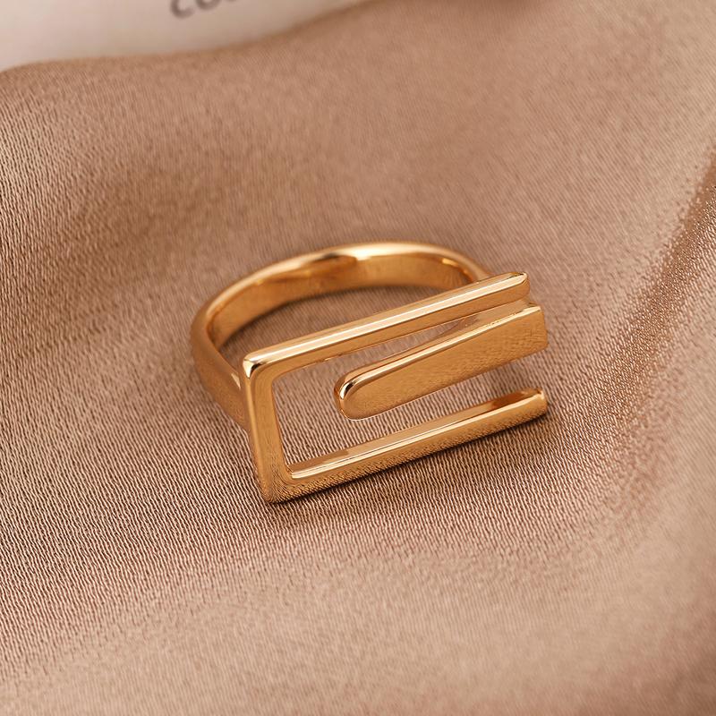 Creative Stainless Steel Rectangular Geometric Adjustable Rings for Women Luxury Metal U-Shaped Line Hollow Ring Party Jewelry