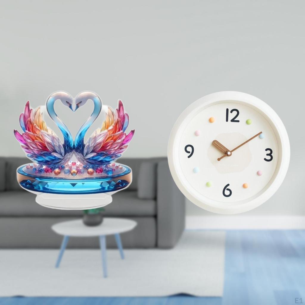 Acrylic Swan Tabletop Sculpture Ornament with Wall Clock Large Numerals Quiet No Ticking Decorative