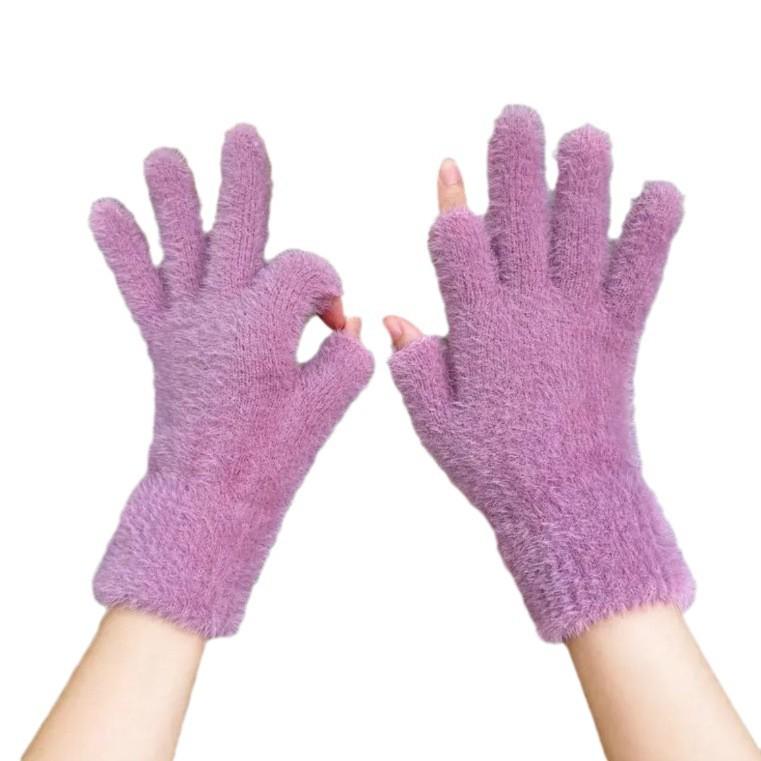 Winter Two Finger Touchscreen Gloves Jacquard Plush Warm Knit Thick Student Half Finger Mittens