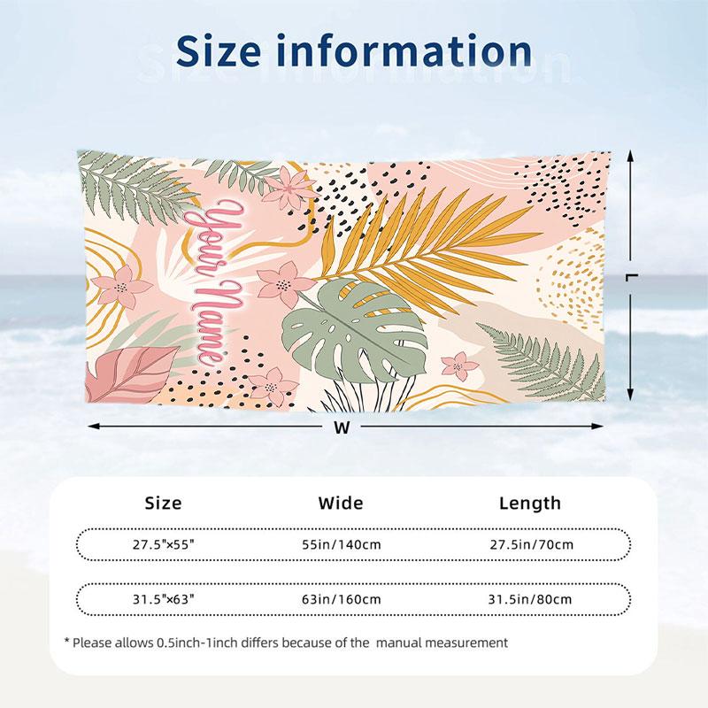 Tropical Leaves Elegance Theme Quick Dry Beach Towel Custom Name Text Print Large Sand Resistant Towel Beach Vacation
