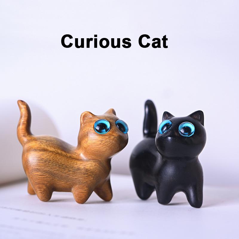 Grünes Sandelholz Glückskatzenfiguren Desktop-Ornament, Holz Tierstatue, Niedliche schiefköpfige neugierige Katze für Heimdeko, Als Geschenk
