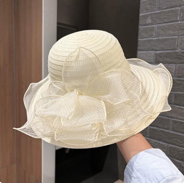 Elegant Pearl Flower White Fisherman Hat Women's Summer Large Brim Sun Protection Fashionable Organza Sunshade Hat