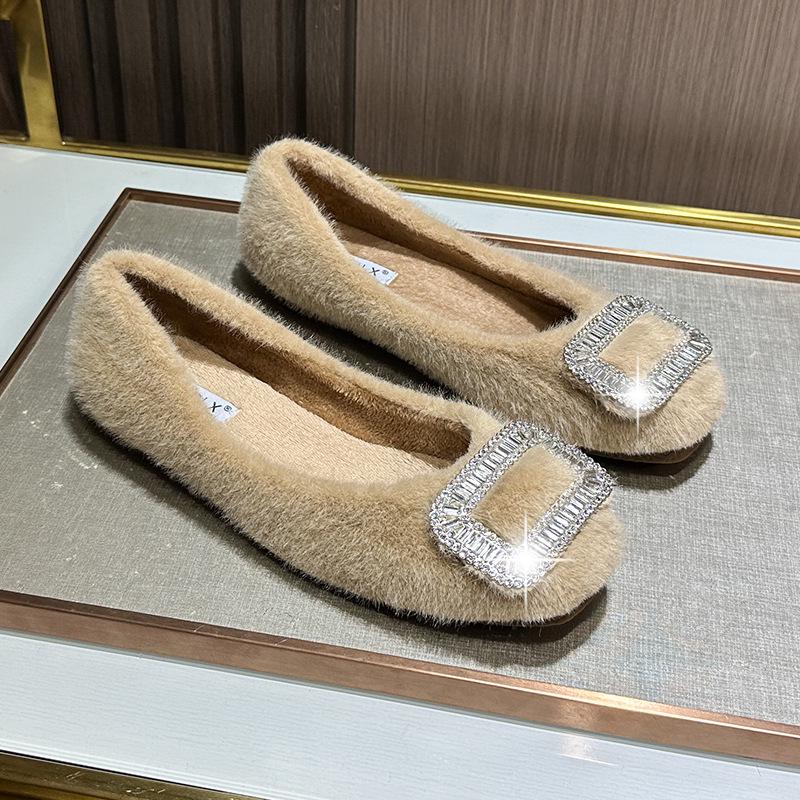 2025 New Winter Women's Furry Velvet Loafers - Black Cotton Flat Warm Slippers