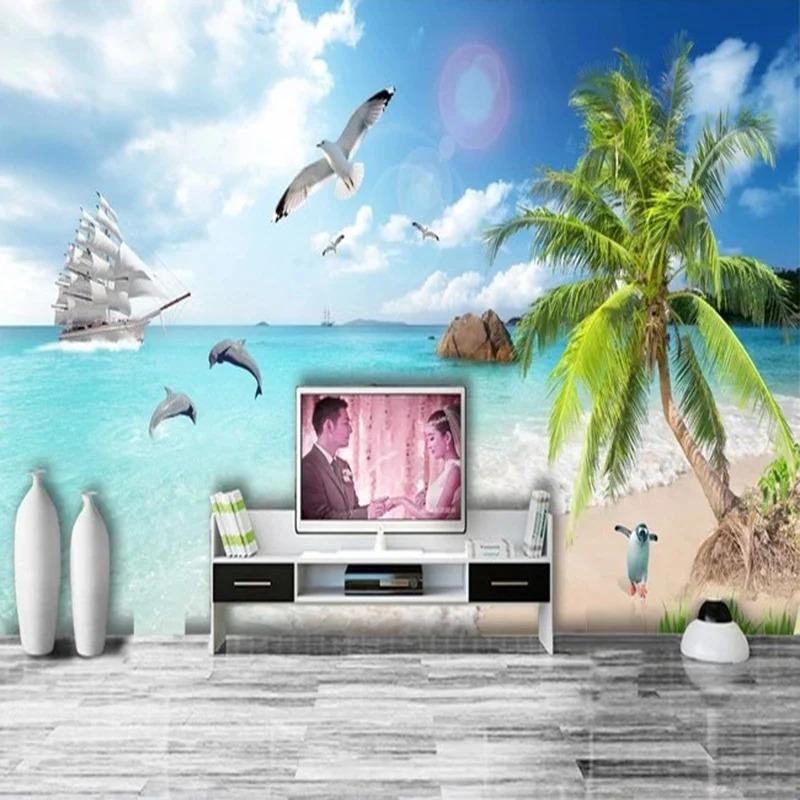 3d Seascape Scenery Wallpaper Coconut Tree Beach Fresco Living Room Tv Sofa Bedroom Wall Mural Decor
