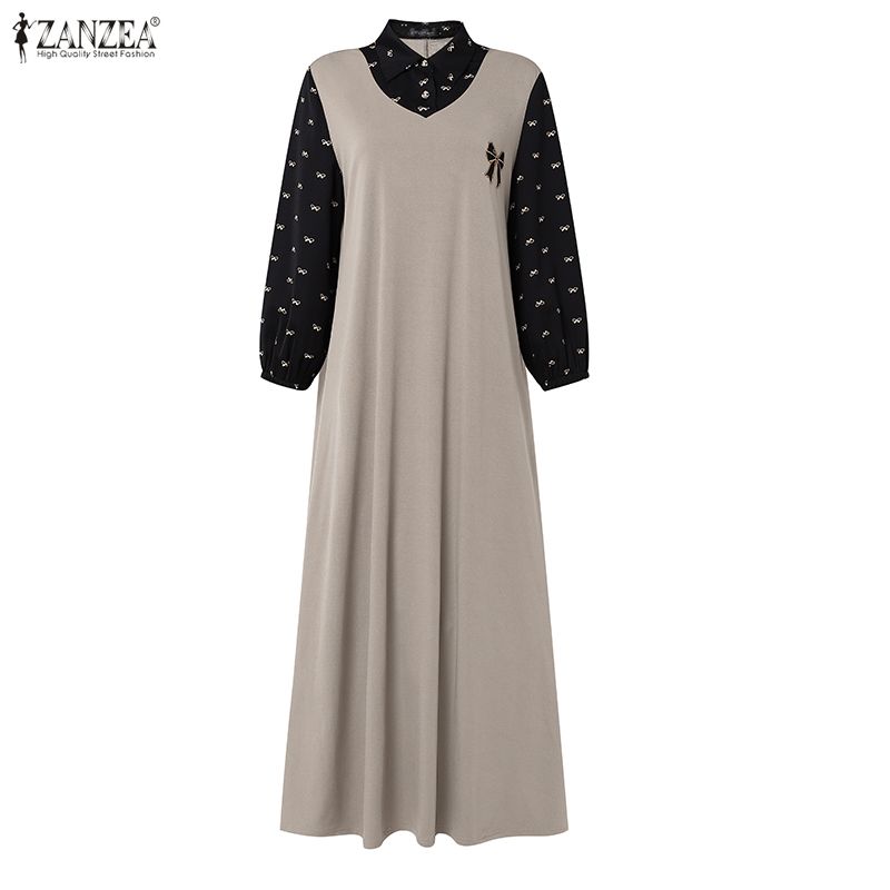 ZANZEA Abito Lungo da Donna Autunnale con Scollo a Revers, Manica Lunga, Patchwork, Finto Due Pezzi, Stampa Floreale, Casual, Svasato