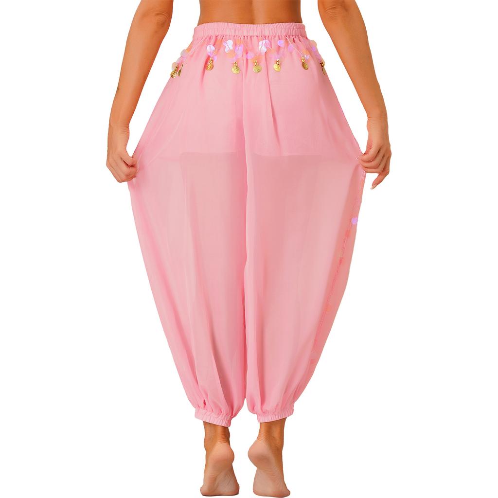 Damen Bauchtanz Kostüm Pailletten Bloomers Seitenschlitz Design Halb Transparent Locker Hose Performance Kleidung