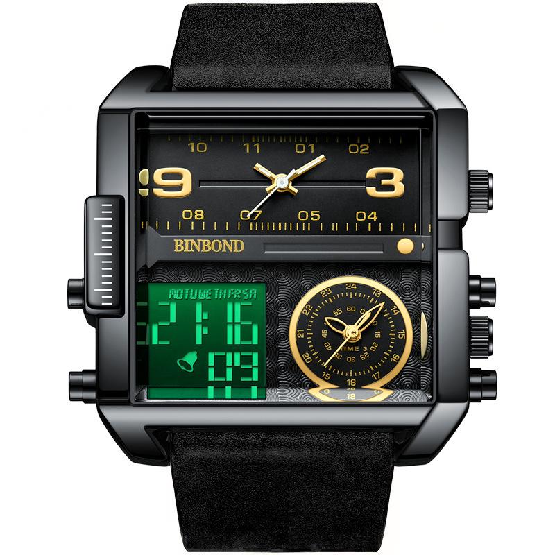 Binbang Fashion Men's Domineering Quartz Watch with Large Square Dial and Triple Display