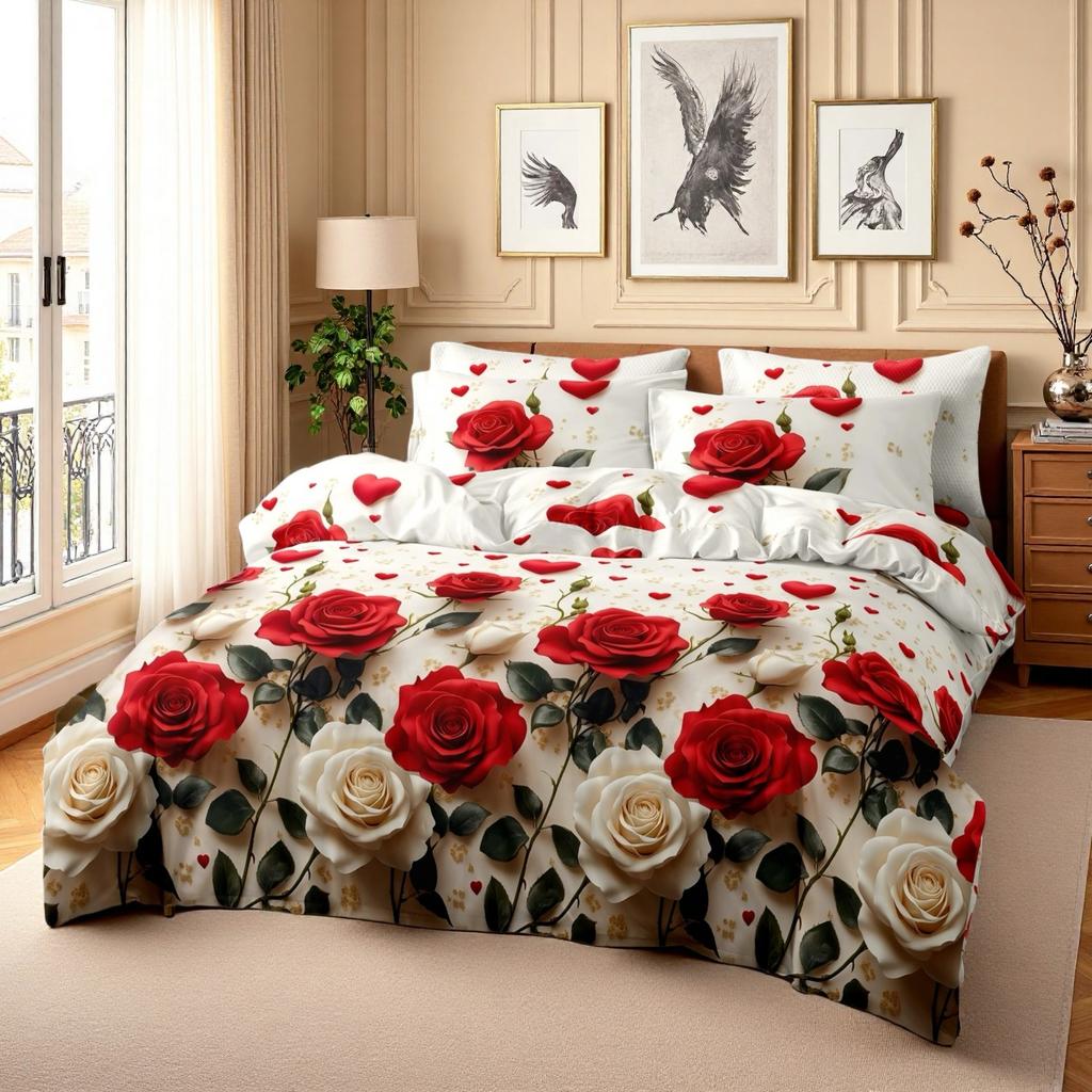 Red White Rose Floral Bedding Set Romantic 3D Print Duvet Cover Pillowcase Breathable Wrinkle-Free For Valentine Bedroom Decor