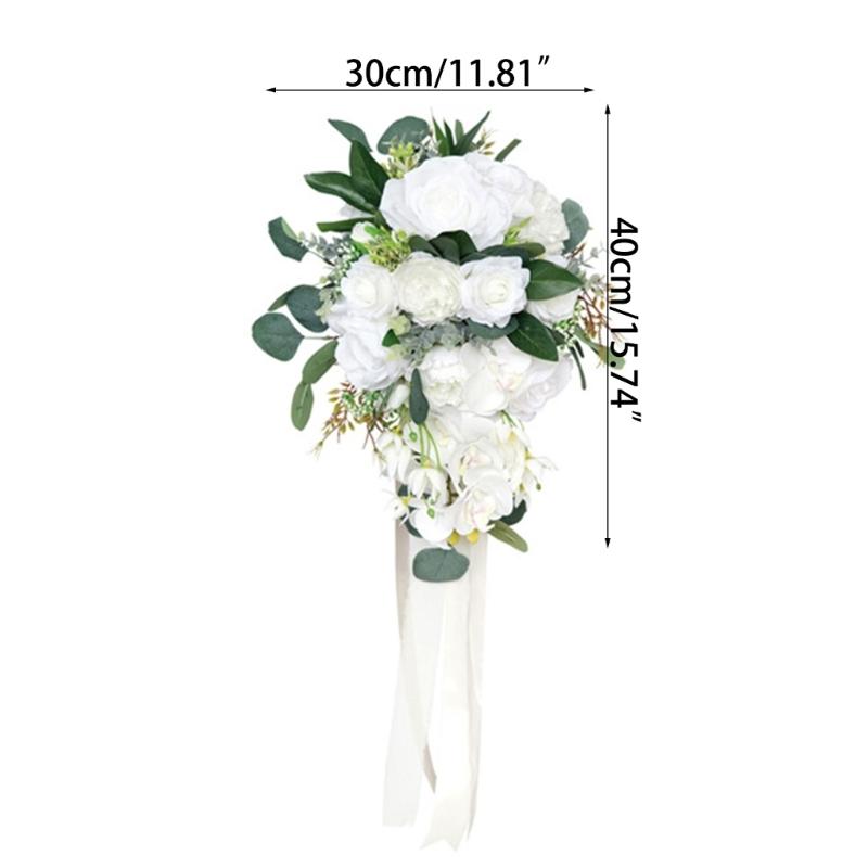 12“ Bouquet a Cascata Bouquet da Sposa per Sposa Rosa Bianca Orchidea Fiori Artificiali Bouquet da Sposa per Inverno Estate