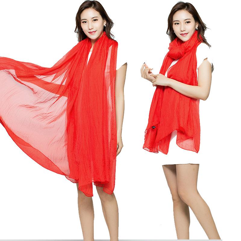 Summer Solid Color Imitation Silk Super Large Silk Scarf Seaside Beach Towel Long Spring and Summer Women's Chiffon Scarf Pleated Shawl
