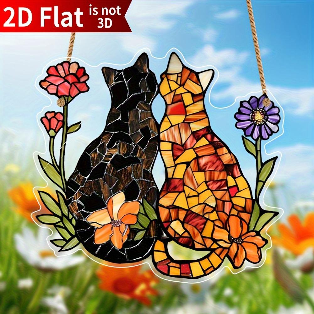 Cat and Flower Colorful Window Hanging, Cat and Flower Sun Catching Window, Indoor and Outdoor Home Decoration Garden Decoration, Suitable for Wedding