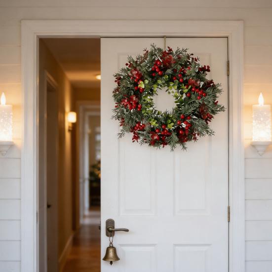 Artificial Red Berry Wreath Indoor Outdoor Front Door Wall Hanging Christmas Holy Berry Garland Holiday Party Decoration Ornament