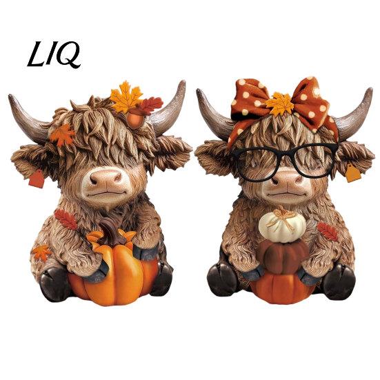 Coastal Style Ornament 2PCS Highland Cow Ornament, Wooden Rustic Figurine, Thanksgiving Handcrafted Wood Theme Art, for Entrance Living Room