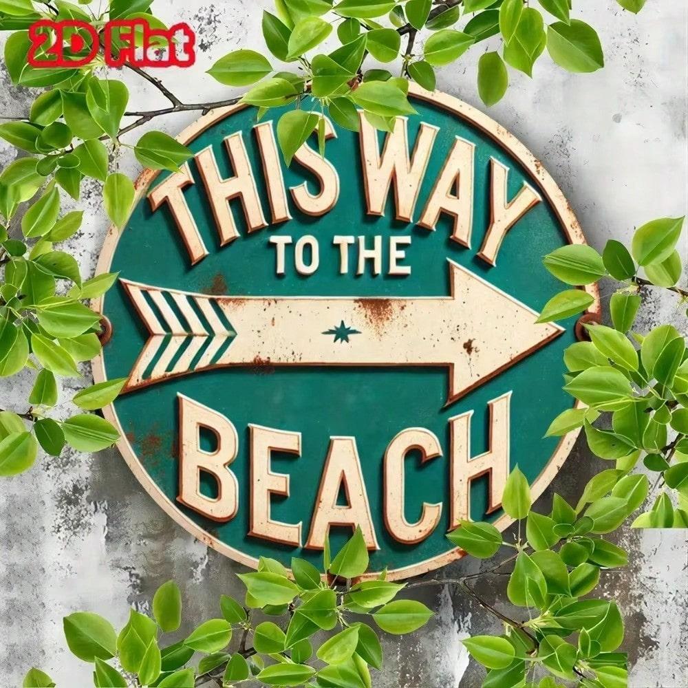 

1PC Vintage Beach Metal Wall Art Round 2D Iron Sign This Way To The Beach Lettering Coastal Home Decor колір зеленого яблука