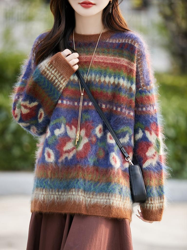 Autumn And Winter New Pulled Multi-Color Jacquard Crew-Neck Knitted Sweater Korean Lazy Style Loose Bottoming Top And Shirt