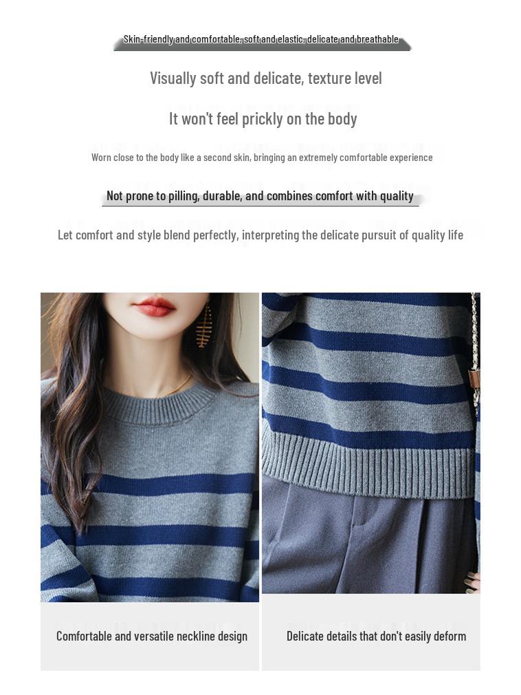 Autumn/Winter 2025 Women's Round Neck Striped Sweater - 100% Thickened Cotton Yarn Knit