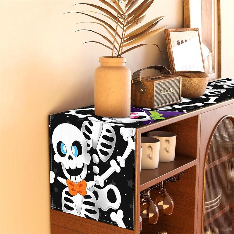1pc White Black Halloween Table Runner Skeleton Pattern Waterproof Reusable Tablecloth for Halloween Themed Party Decoration