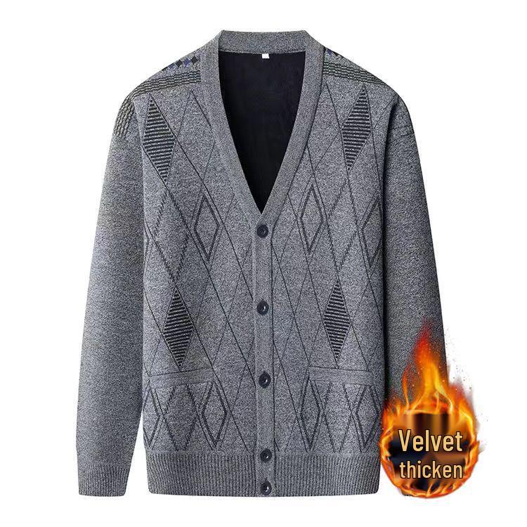 Men's V-Neck Thick Fleece Cardigan: Warm Knitwear for Dad and Grandpa