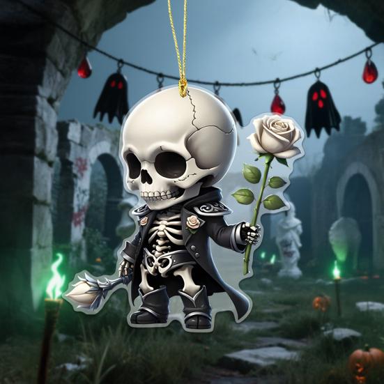 Halloween Car Ornament Cool Skeleton Acrylic Car Rearview Mirror Charm 2D Flat Skull Hanging Pendant for Car Interior Backpack Accessory