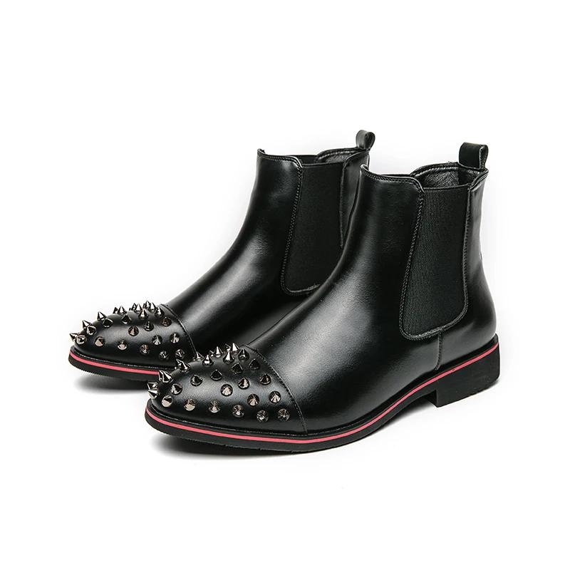 Chelsea Boots Black Rivet Punk Square Toe Slip-On Handmade Low-heeled Men Boots  Business Men Shoes