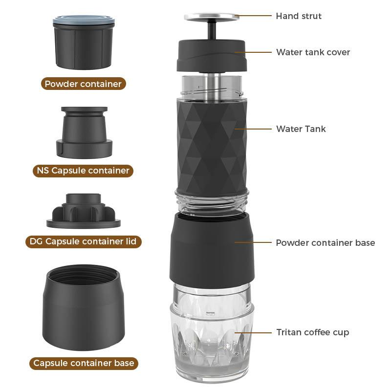 Coffee 3 In1 Portable Coffee Machine Hot/Cold Water Manual Espresso Maker For Capsule & Ground Hand Press Brewer Hiking Travel