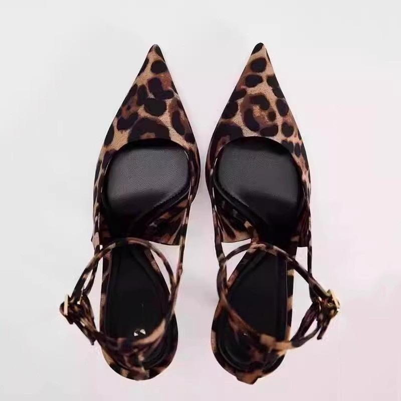 New Sexy Temperament Senior Sense Fine Heel Sandals Pointed Satin Leopard Print High Heels Slingback Sandals Wedding Shoes