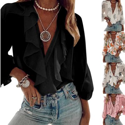 (Qunide) Women Long Sleeve V Neck Button-down Chiffon Shirts Letter Print Ruffle Tops Blouse Shirt