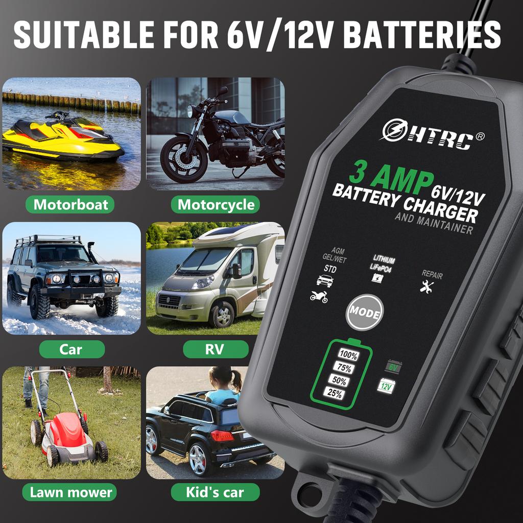 6V/12V 3A Smart Battery Charger for Car Automatic Float Charger Motorcycle Lawn Mower Tractor Lead-acid AGM GEL Toy Battery