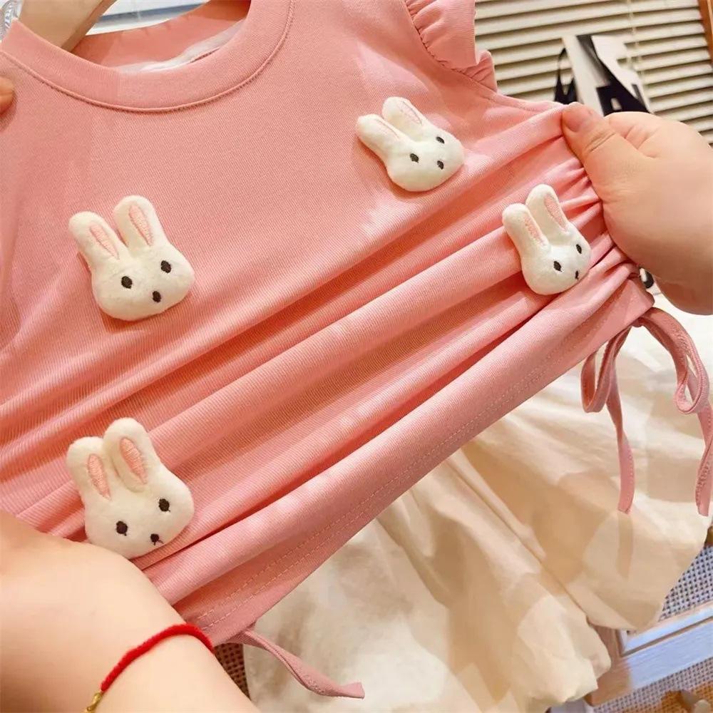 Girls Summer Cute 3D Bunny Drawstring Top And Bud Shorts Two Piece Set Trendy Kids Outfit