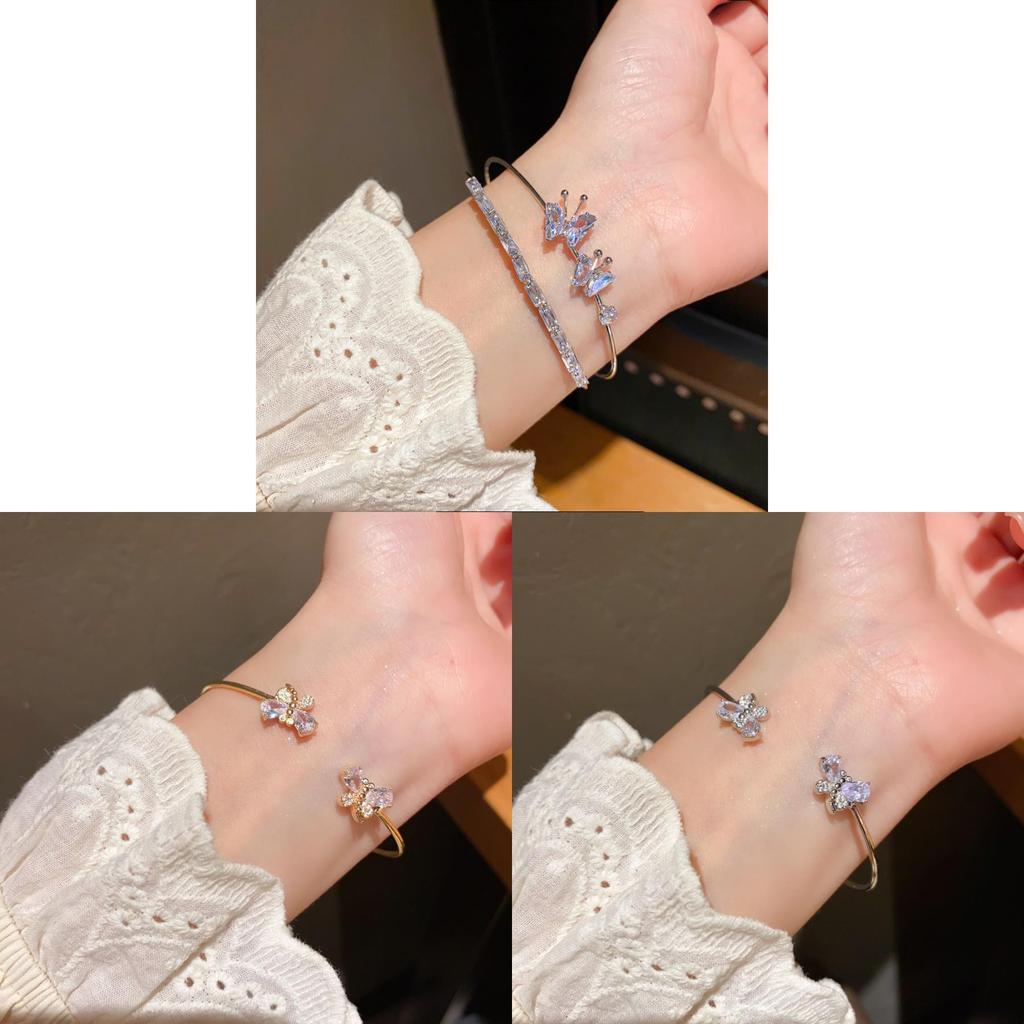 Butterfly Charm Double Layer Open Bracelet With Cubic Zirconia For Fashion Women