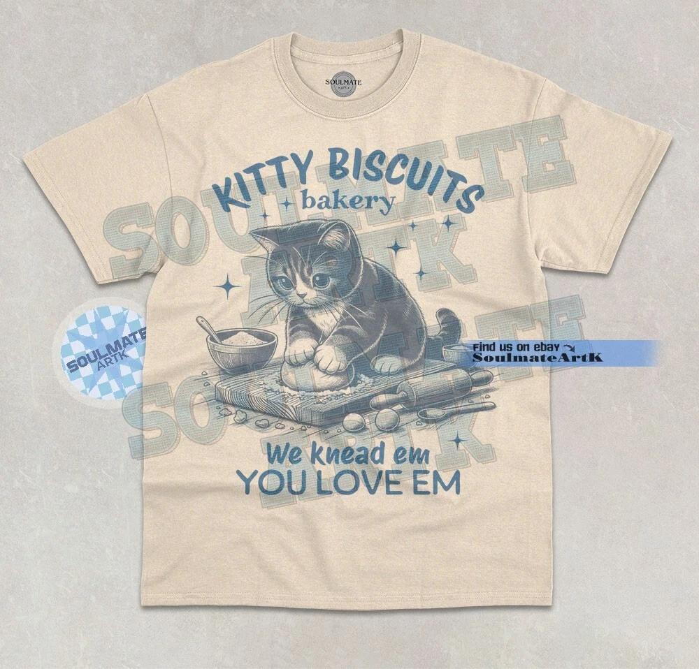 Kitty Biscuit Bakery T- Shirt We Knead em You Love Em Meme Cute Cat Graphic Shirt L