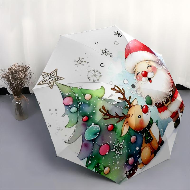 1pc Stained Glass Christmas Santa Scene Automatic Opening Umbrella, Portable 3-Fold Design with 8-Bone Iron Frame, Outdoor for Fans, Travelers, Daily