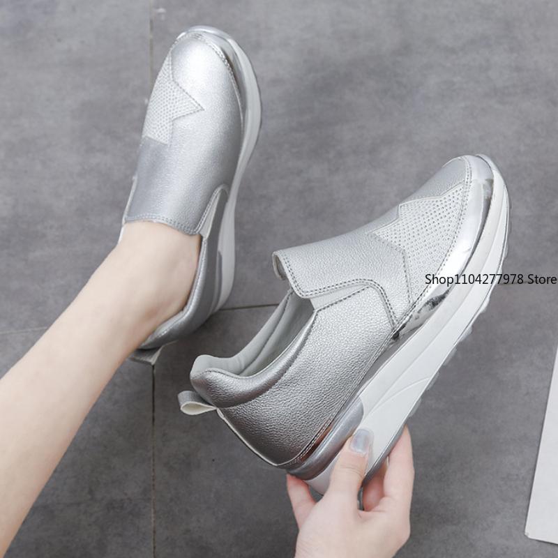 Fashion New Sneakers Women's Rhinestone Star Pattern Platform Muffin Loafers Silver Platform Shoes Woman Slip on Shoes Zapatos De Mujer