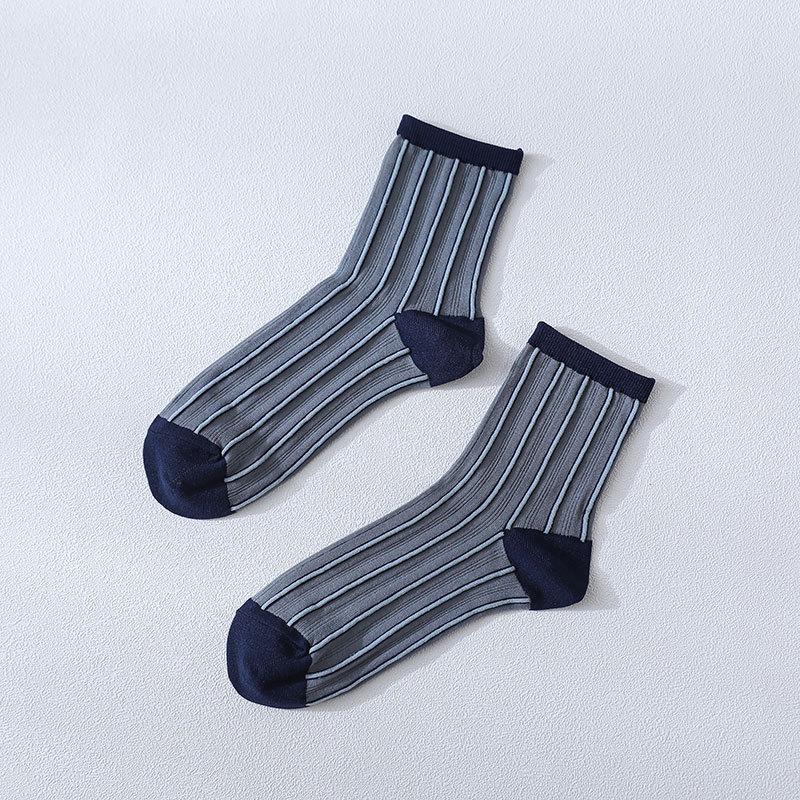 20 Spring And Summer Thin Cass Socks, Women'S Japanese Vertical Striped Glass Silk Medium Tube Socks, Fashionable Color Matching Women'S Socks