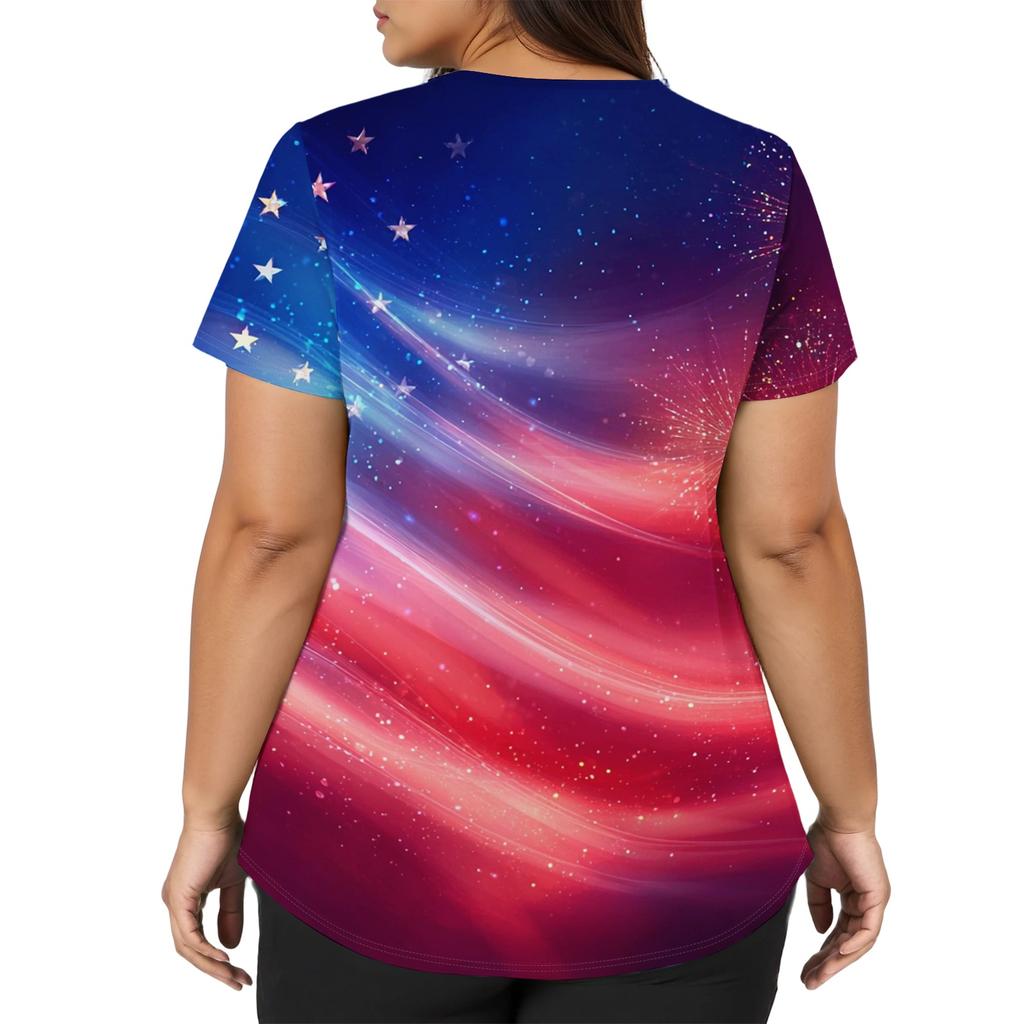 Women's Fashionable Casual Independence Day Flag And Stars Print V-neck Short-Sleeved Work Shirt With Double Side Slits And Pockets