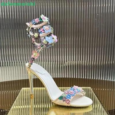 Fashion Jasmine Sheepskin Flowers Ankle Wrap Women Sandals Mesh Cloth 10Cm Thin Heel 2025 Summer Sandals Silver Sole Genuine Leather