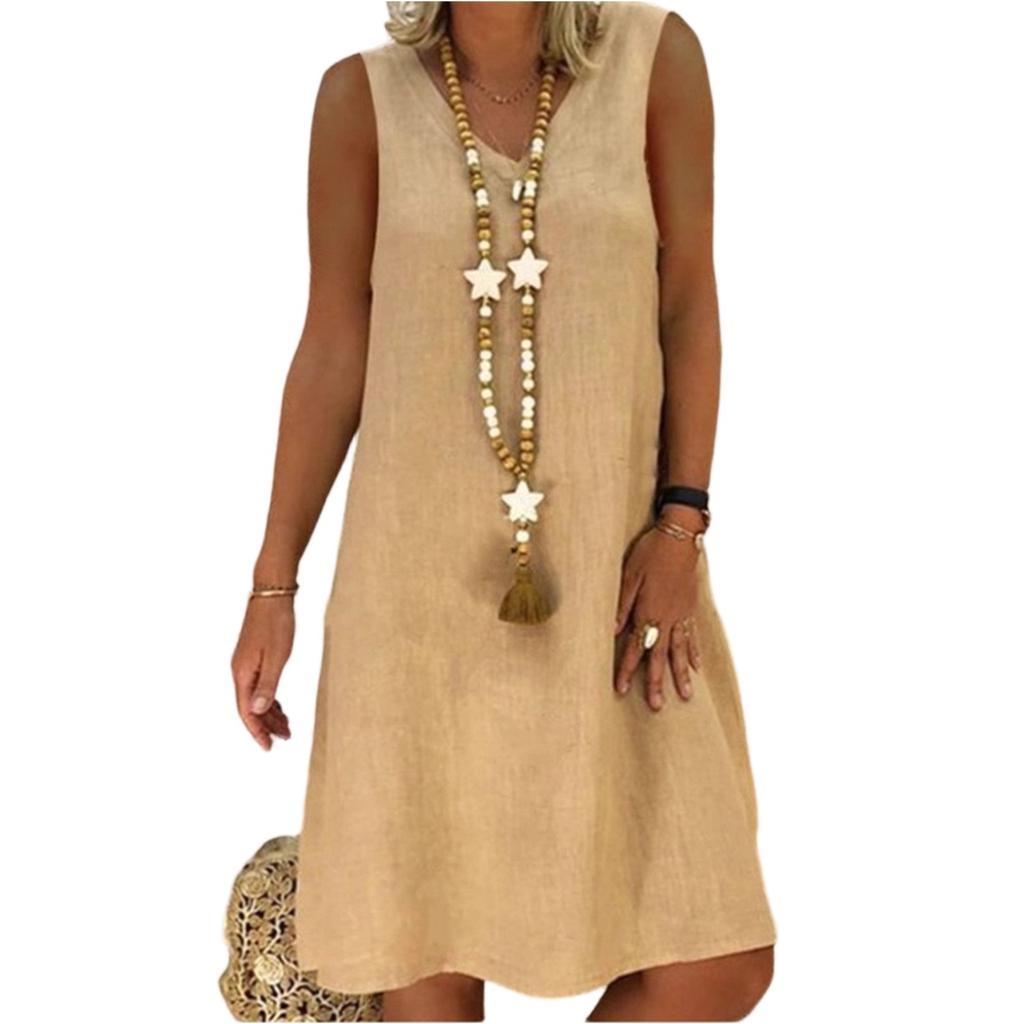 Women's Dresses Color Vintage V-Neck Cotton Sleeveless Vest Dresses