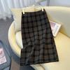 Women's Woolen Plaid High-Waisted A-Line Midi Skirt with Back Slit – 2025 Autumn/Winter Collection