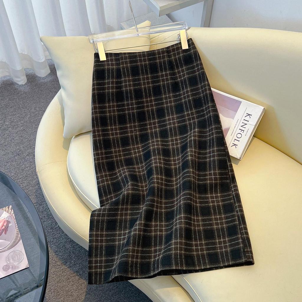 Women's Woolen Plaid High-Waisted A-Line Midi Skirt with Back Slit – 2025 Autumn/Winter Collection