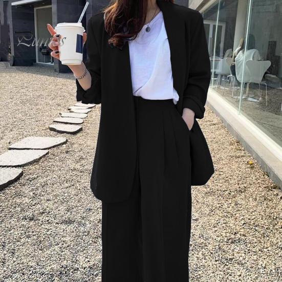 2 ks/sada Lady Formal Coat Kalhoty Set Dlouhé rukávy Otevřený steh Kardigan Střední délka Bunda Volný Rovný Široká noha Kalhoty s vysokým pasem Formální Business