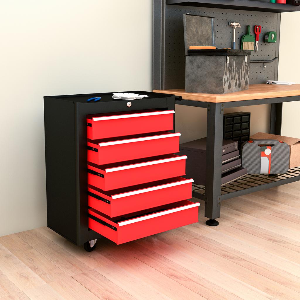 5-Drawer Tool Chest with Wheels, Steel Lockable Tool Storage Cabinet with Handle, 2 Keys for Garage, Workshop, Red